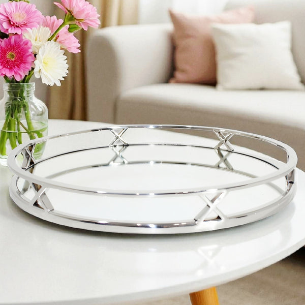 Silver Plated Round Ten X Decorative Deluxe Mirror Tray