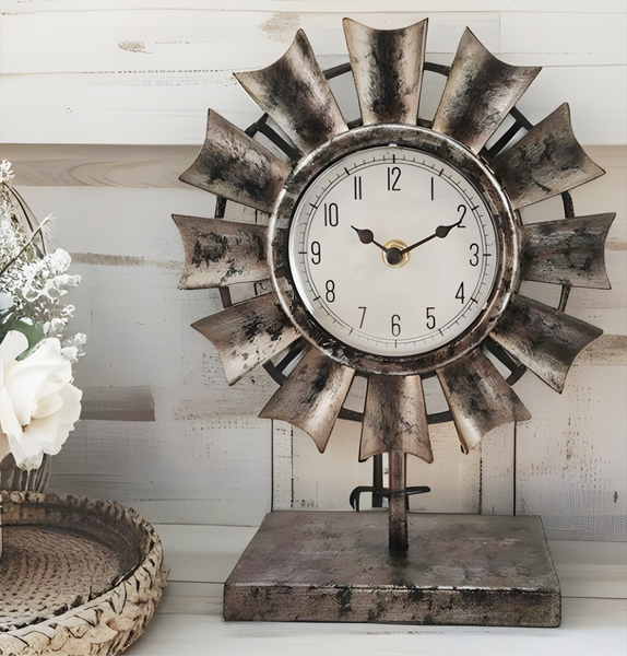 Iron & Wood Windmill Table Clock On Base