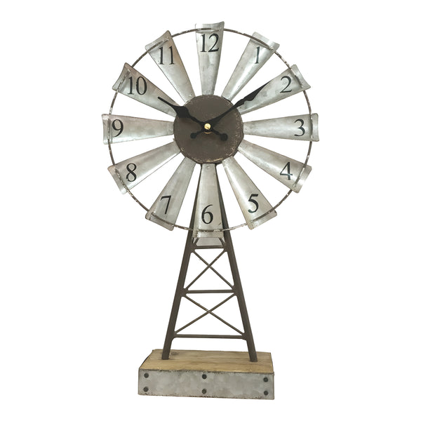 Galvanised Metal Windmill Table Clock On Base