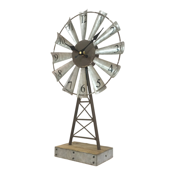 Galvanised Metal Windmill Table Clock On Base