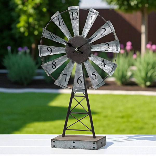 Galvanised Metal Windmill Table Clock On Base
