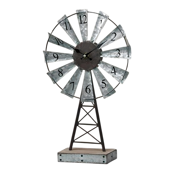 Galvanised Metal Windmill Table Clock On Base