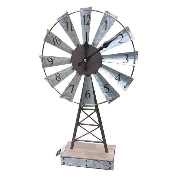 Galvanised Metal Windmill Table Clock On Base