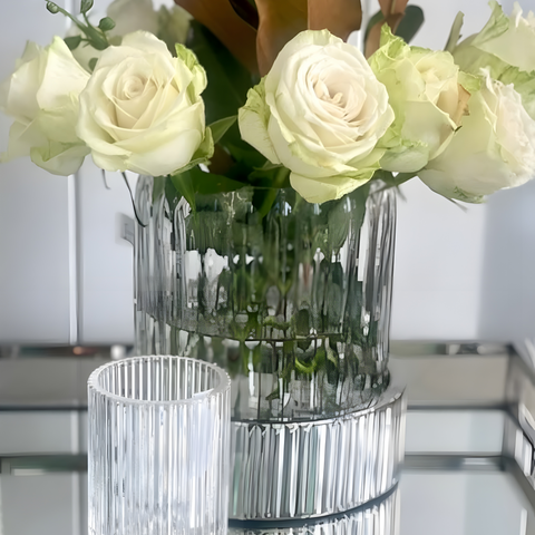 Fluted Glass Pillar Candle Holder On Silver Ribbed Base