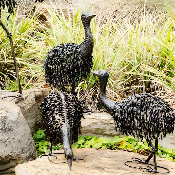 Set 3 Black Rust Metal Baby Emu Chicks Outdoor Garden Statue Sculptures