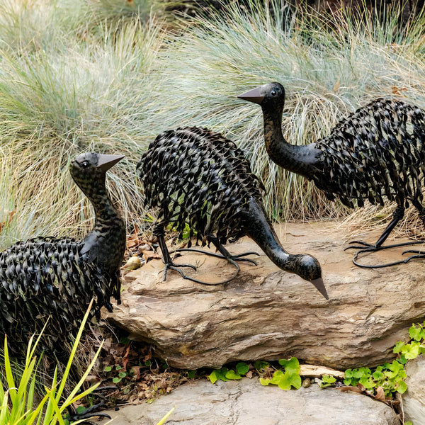 Set 3 Black Rust Metal Baby Emu Chicks Outdoor Garden Statue Sculptures