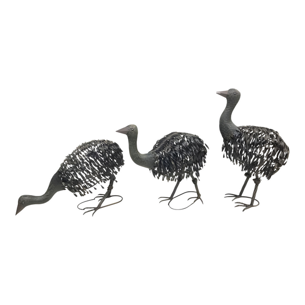 Set 3 Black Rust Metal Baby Emu Chicks Outdoor Garden Statue Sculptures