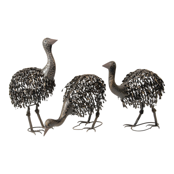 Set 3 Black Rust Metal Baby Emu Chicks Outdoor Garden Statue Sculptures