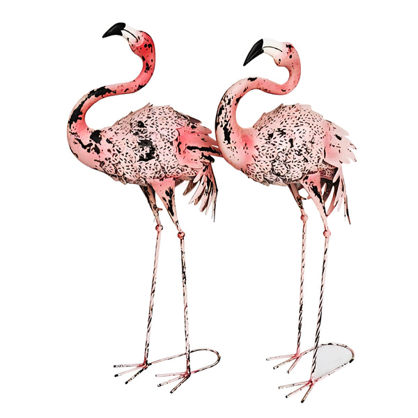 Set 2 Rustic Pink Metal Flamingo Couple Outdoor Garden Statues Sculptures