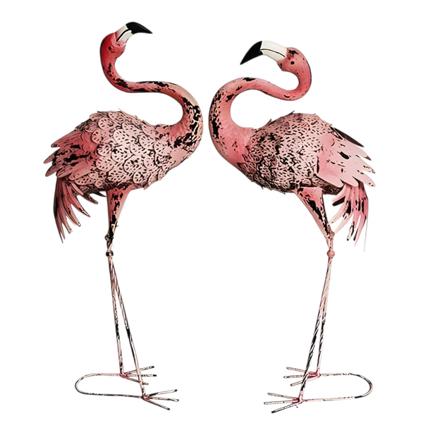 Set 2 Rustic Pink Metal Flamingo Couple Outdoor Garden Statues Sculptures