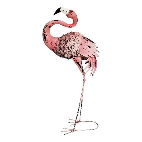 Set 2 Rustic Pink Metal Flamingo Couple Outdoor Garden Statues Sculptures