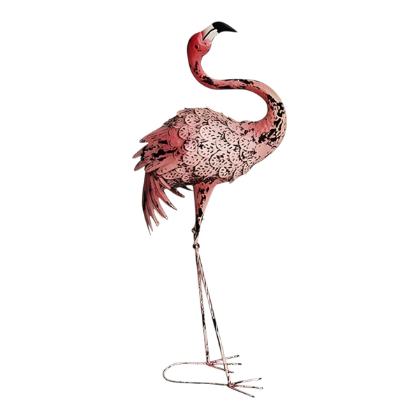 Set 2 Rustic Pink Metal Flamingo Couple Outdoor Garden Statues Sculptures