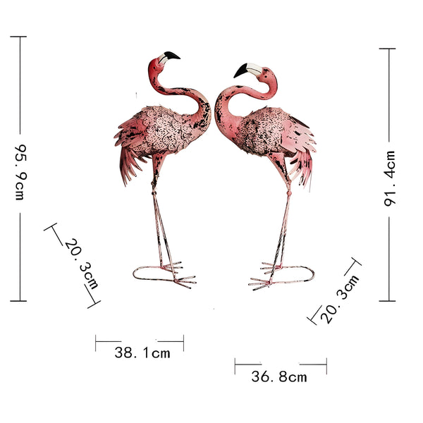 Set 2 Rustic Pink Metal Flamingo Couple Outdoor Garden Statues Sculptures