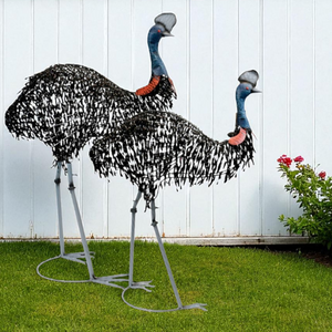 Set of 2 Assorted Large Black Metal Cassowary Couple Garden Statues