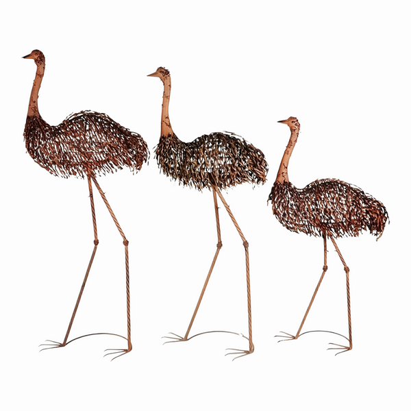 Set of 3 Assorted Large Metal Rustic Ostrich Family Garden Statues