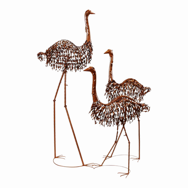 Set of 3 Assorted Large Metal Rustic Ostrich Family Garden Statues