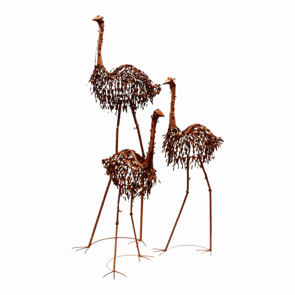Set of 3 Assorted Large Metal Rustic Ostrich Family Garden Statues