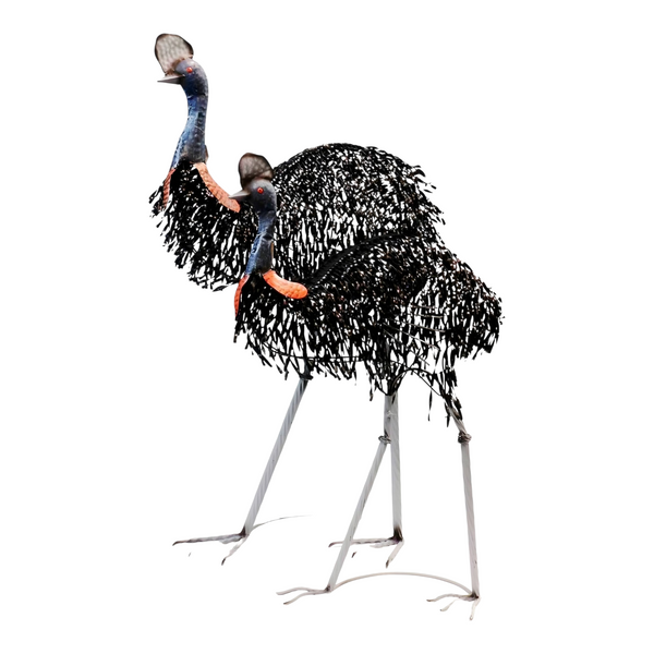 Set of 2 Assorted Large Black Metal Cassowary Couple Garden Statues