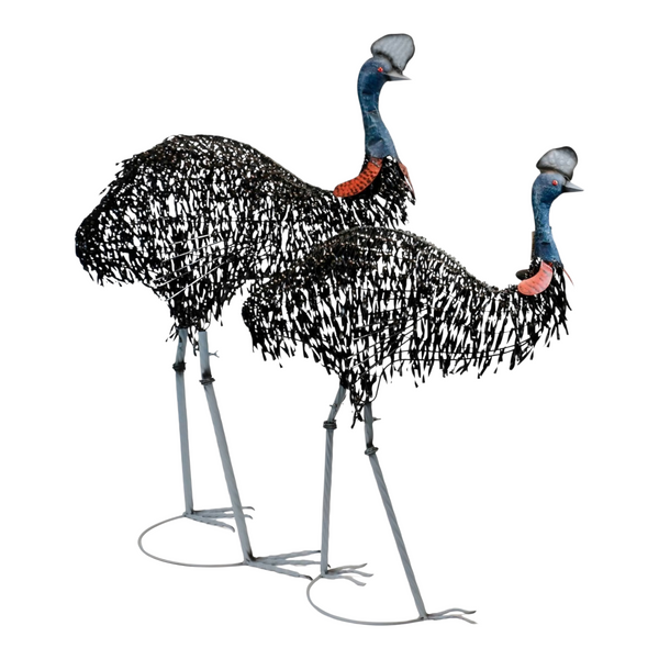 Set of 2 Assorted Large Black Metal Cassowary Couple Garden Statues