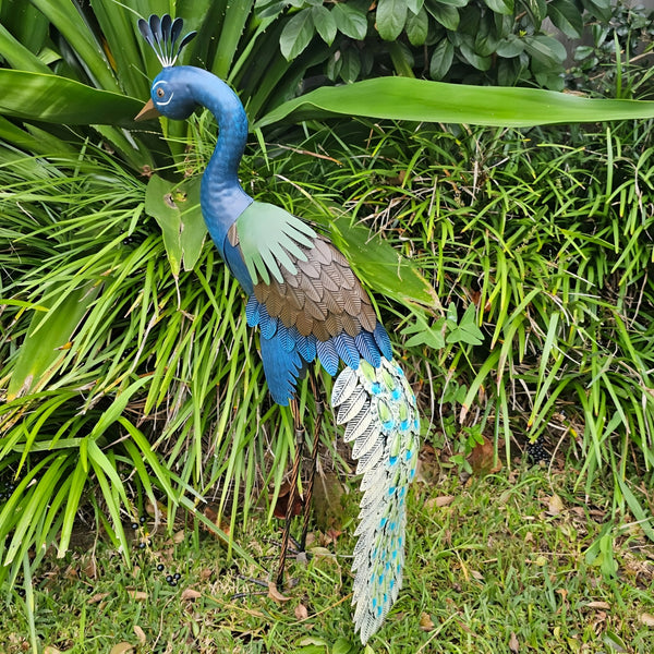 Set 2 Colourful Blue & Green Standing Peacock Outdoor Garden Statues Sculptures