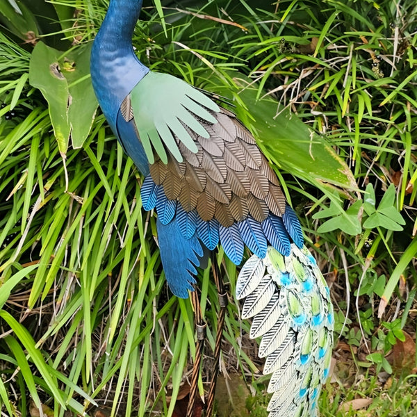 Set 2 Colourful Blue & Green Standing Peacock Outdoor Garden Statues Sculptures