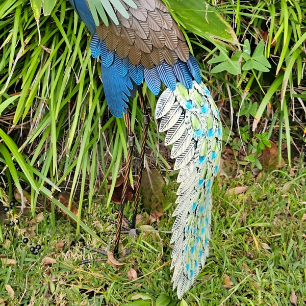 Set 2 Colourful Blue & Green Standing Peacock Outdoor Garden Statues Sculptures