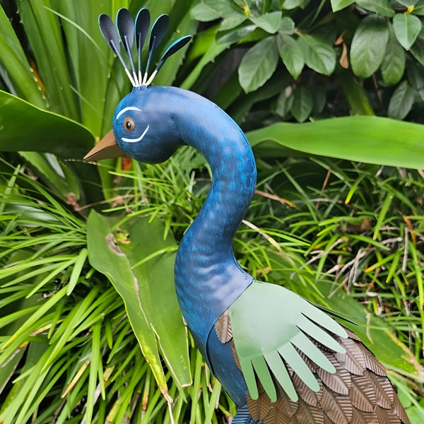 Set 2 Colourful Blue & Green Standing Peacock Outdoor Garden Statues Sculptures
