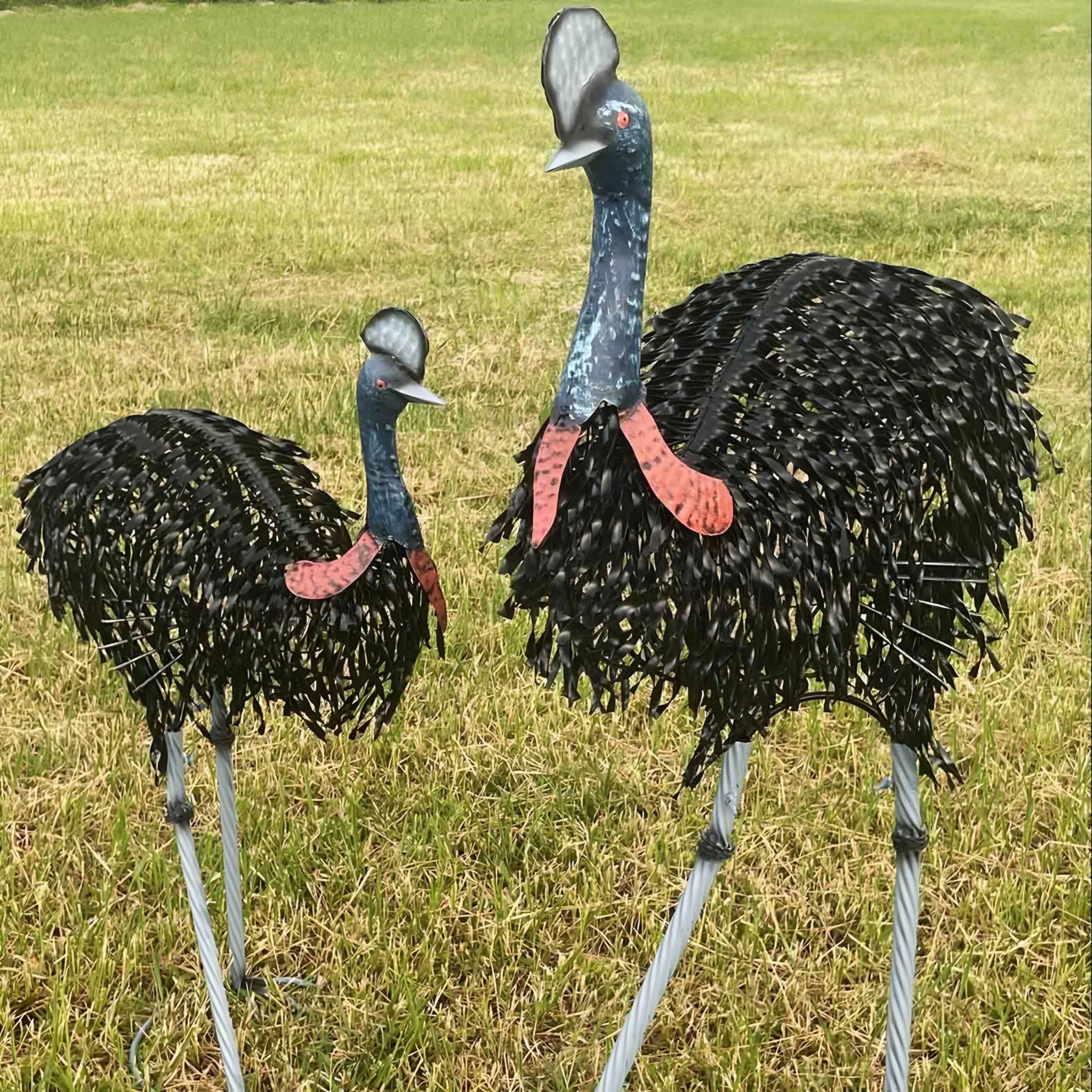 Set 2 Assorted Large Black Metal Cassowary Couple Garden Statues