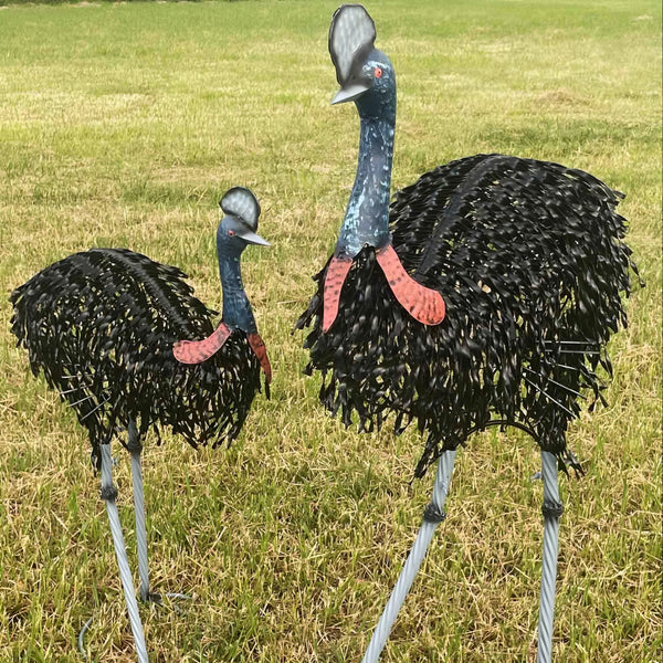 Set of 2 Assorted Large Black Metal Cassowary Couple Garden Statues