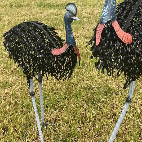 Set of 2 Assorted Large Black Metal Cassowary Couple Garden Statues