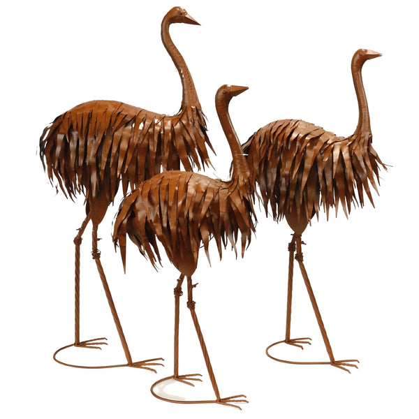Set 3 Large Rustic Metal Emu Family Outdoor Garden Statues Sculptures