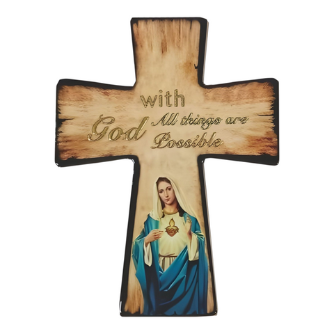 Catholic Sacred Heart Mother Mary Cross Shape Ceramic Standing Icon Plaque