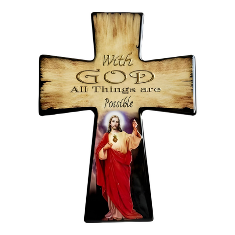 Catholic Sacred Heart Jesus Christ Cross Shape Ceramic Standing Icon Plaque