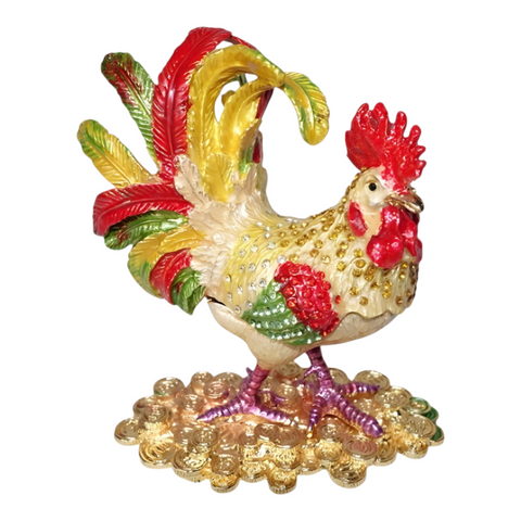 Gold Rooster Jewelled Enamel Trinket Box Figurine