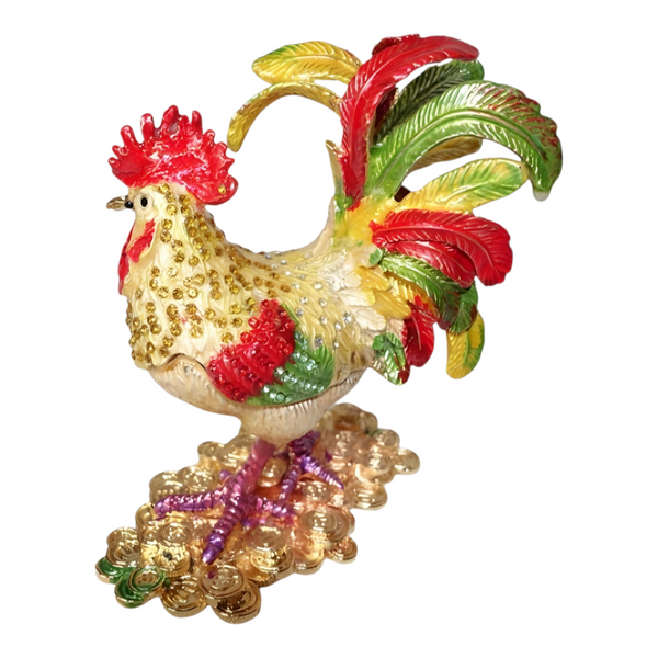 Gold Rooster Jewelled Enamel Trinket Box Figurine