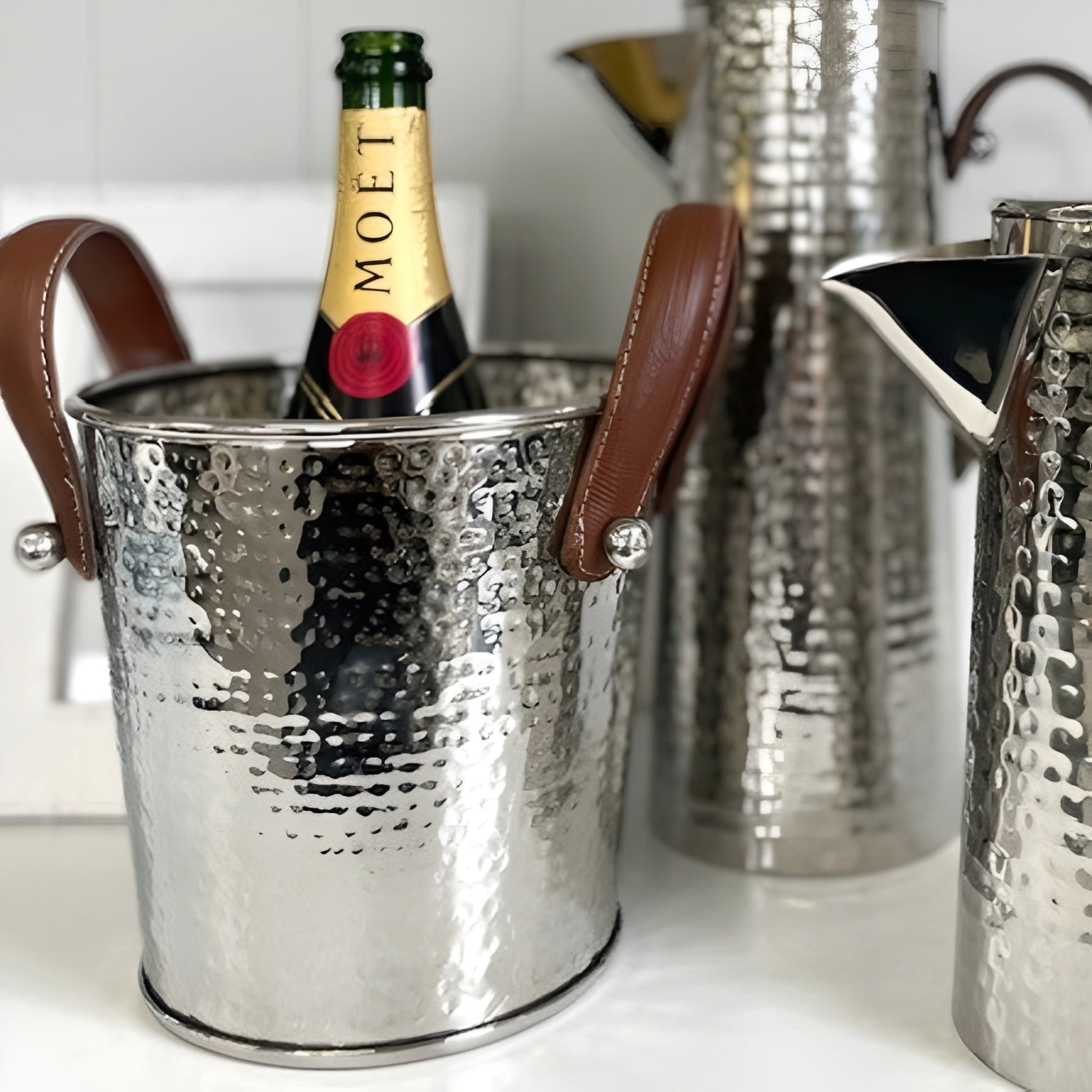 Silver Hammered Champagne & Wine Ice Cooler Bucket with Leather Handles