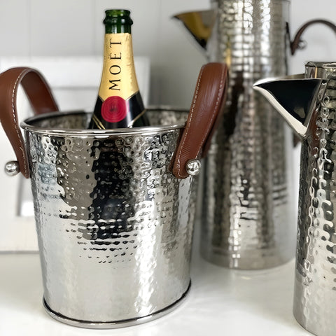 Silver Hammered Champagne & Wine Ice Cooler Bucket with Leather Handles