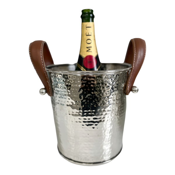 Silver Hammered Champagne & Wine Ice Cooler Bucket with Leather Handles