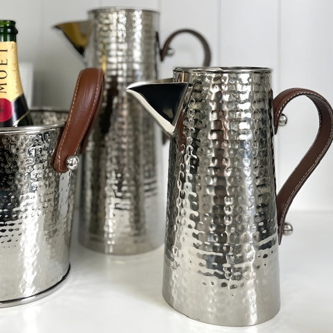 Silver Hammered Stainless Steel Water Jug Pitcher & Brown Leather Handle- 25cm