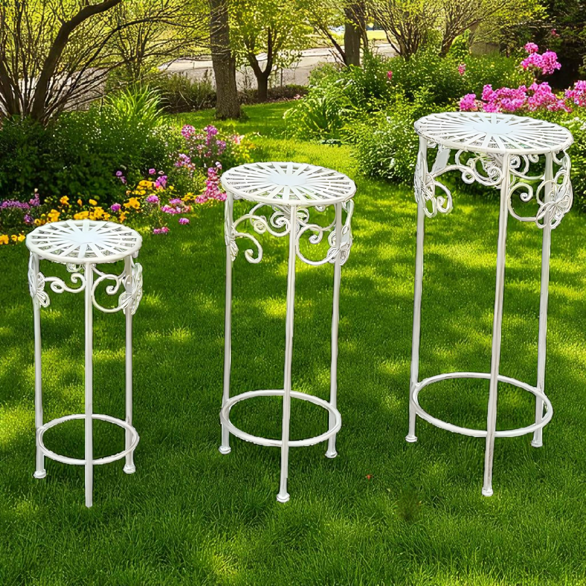 Set of 3 Antique White Round Pot Planter Stands