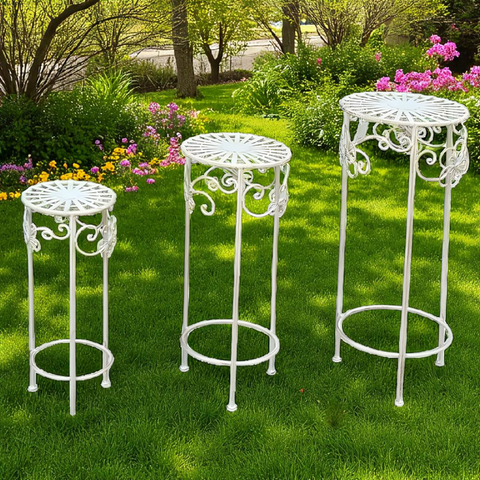 Set of 3 Antique White Round Pot Planter Stands