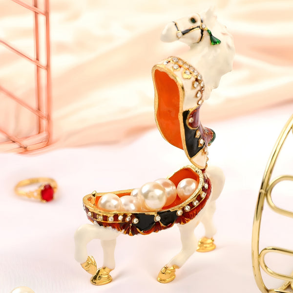 White Horse Jewelled Enamel Trinket Box Figurine