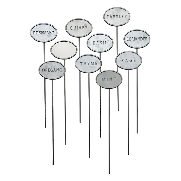 Set of 10 Silver Metal Outdoor Garden Herb Label Stakes