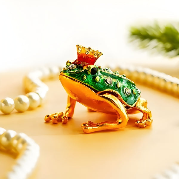Green & Gold Frog with Crown Jewelled Enamel Trinket Box Figurine