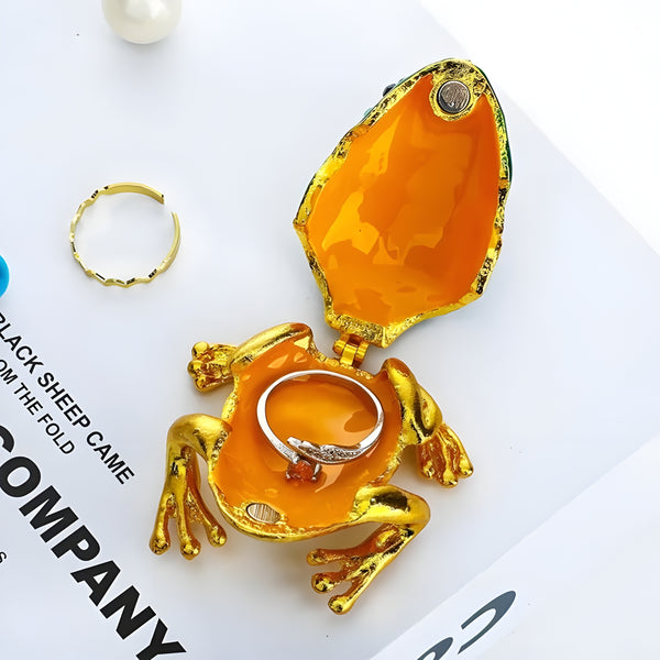Green & Gold Frog with Crown Jewelled Enamel Trinket Box Figurine