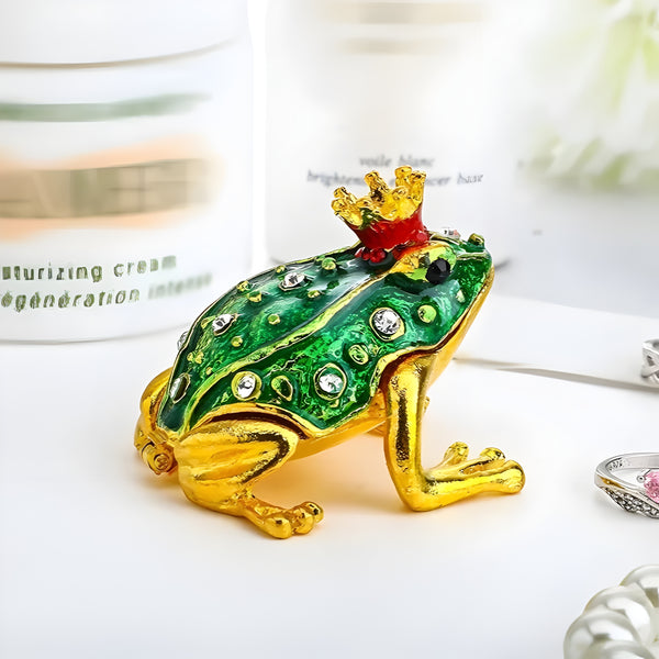 Green & Gold Frog with Crown Jewelled Enamel Trinket Box Figurine