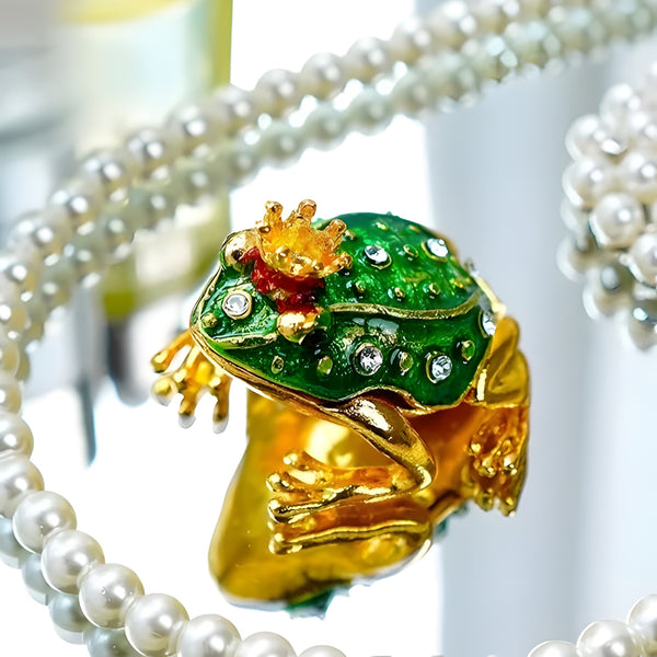 Green & Gold Frog with Crown Jewelled Enamel Trinket Box Figurine