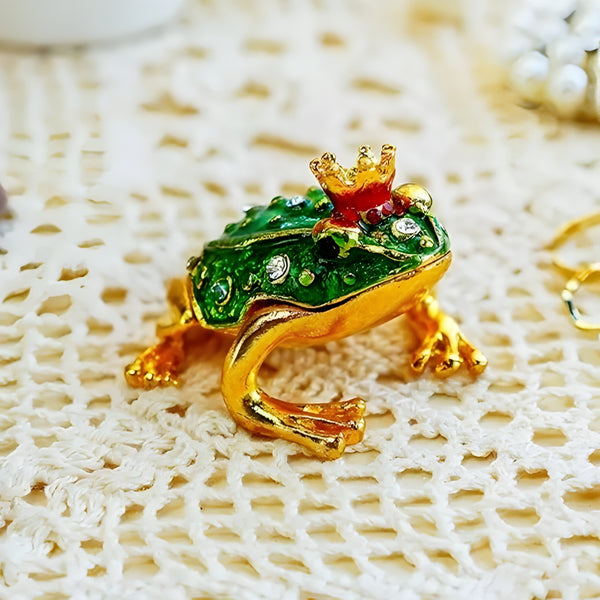 Green & Gold Frog with Crown Jewelled Enamel Trinket Box Figurine