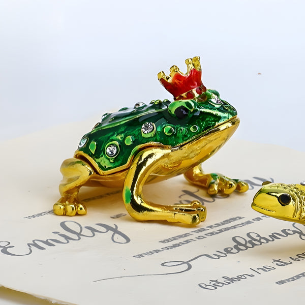 Green & Gold Frog with Crown Jewelled Enamel Trinket Box Figurine