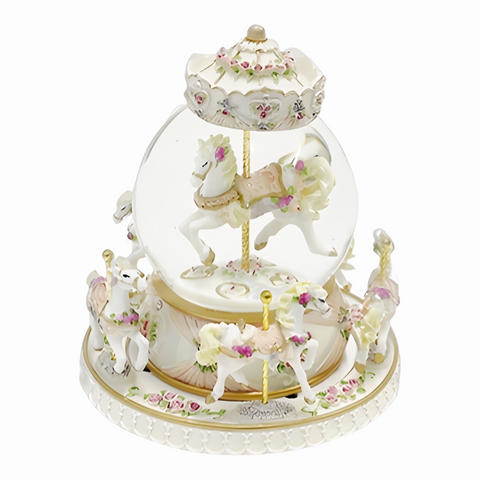 White Rotating Musical Horse Carousel Waterball Globe